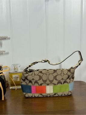 Coach Y2K TrendyMini Brown Signature Canvas Shoulder Bag with Multicolor Stripe